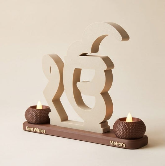 Ik Onkar Stand with Twin Diyas — with a name and message on the base