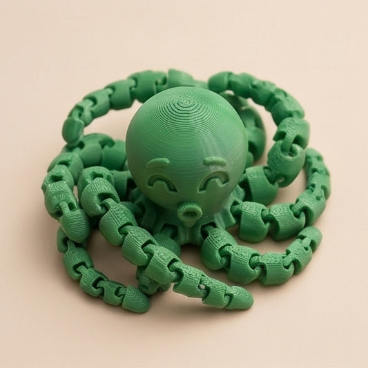 Green articulated octopus seen from above, tentacles curled