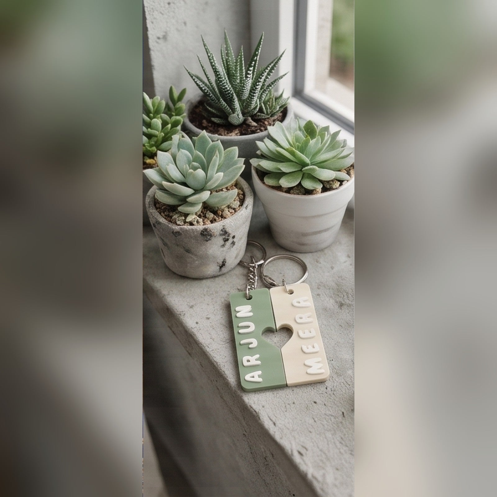 Pair of interlocking heart name keychains — styled view 4
