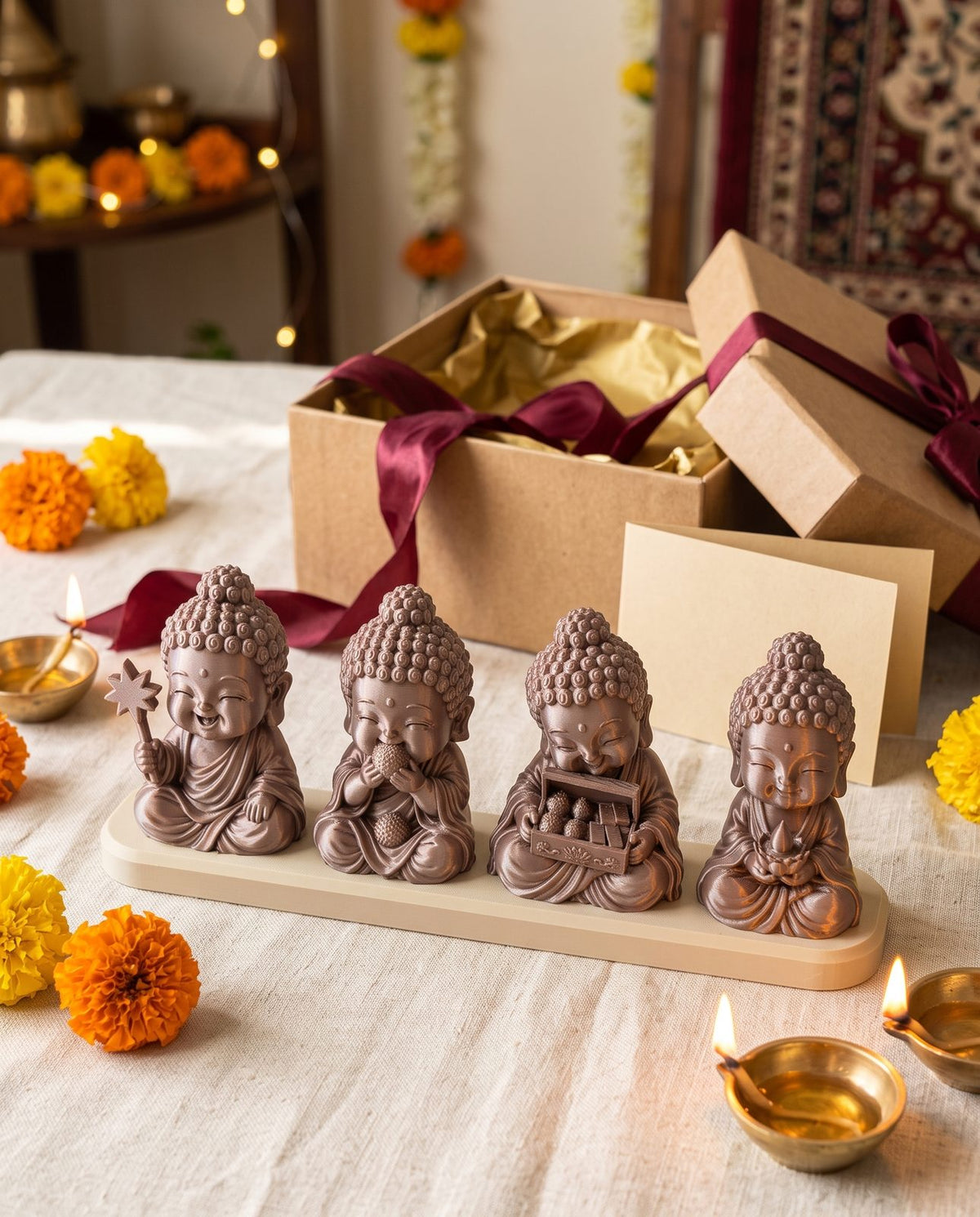 Diwali Buddhas — Set of Four — with a Diwali gift box and marigolds