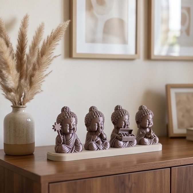 Diwali Buddhas — Set of Four — on a living-room sideboard
