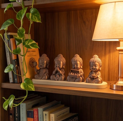 Diwali Buddhas — Set of Four — on a bookshelf
