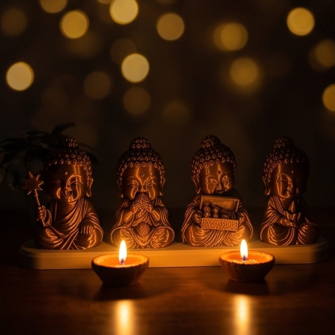 Diwali Buddhas — Set of Four — lit by diyas