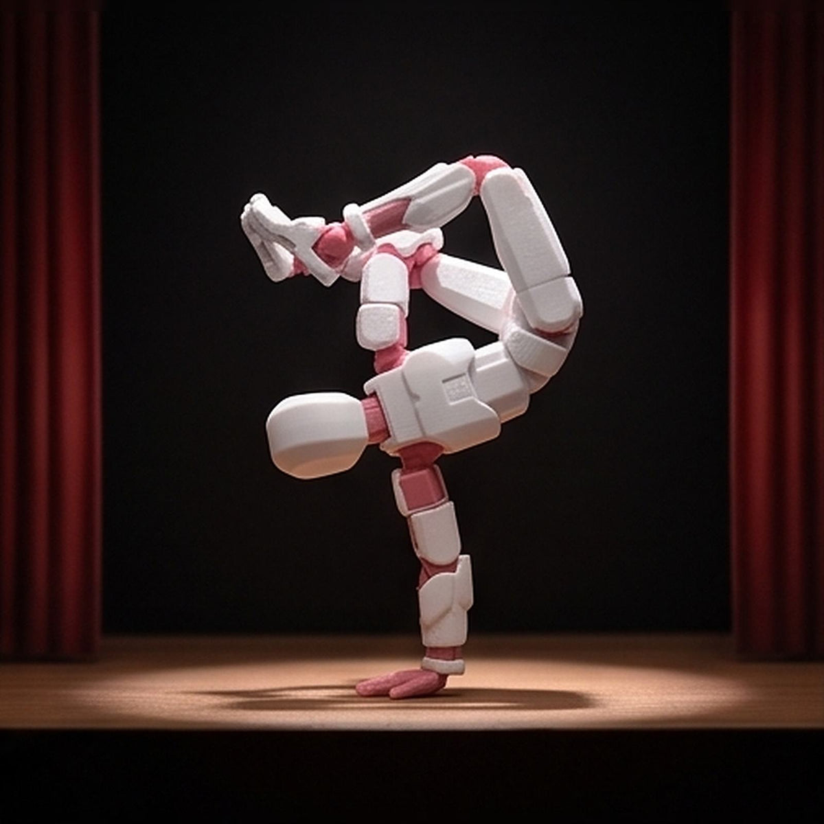 Flexible figurine balancing in a one-handed handstand on a stage