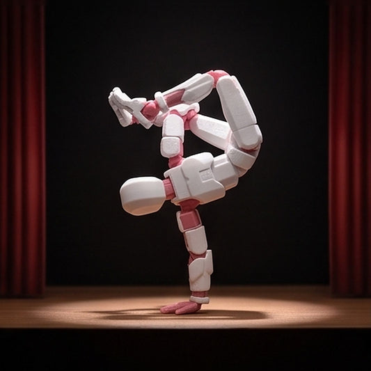 Flexible figurine balancing in a one-handed handstand on a stage