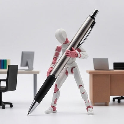 Flexible figurine holding a ballpoint pen, showing its size