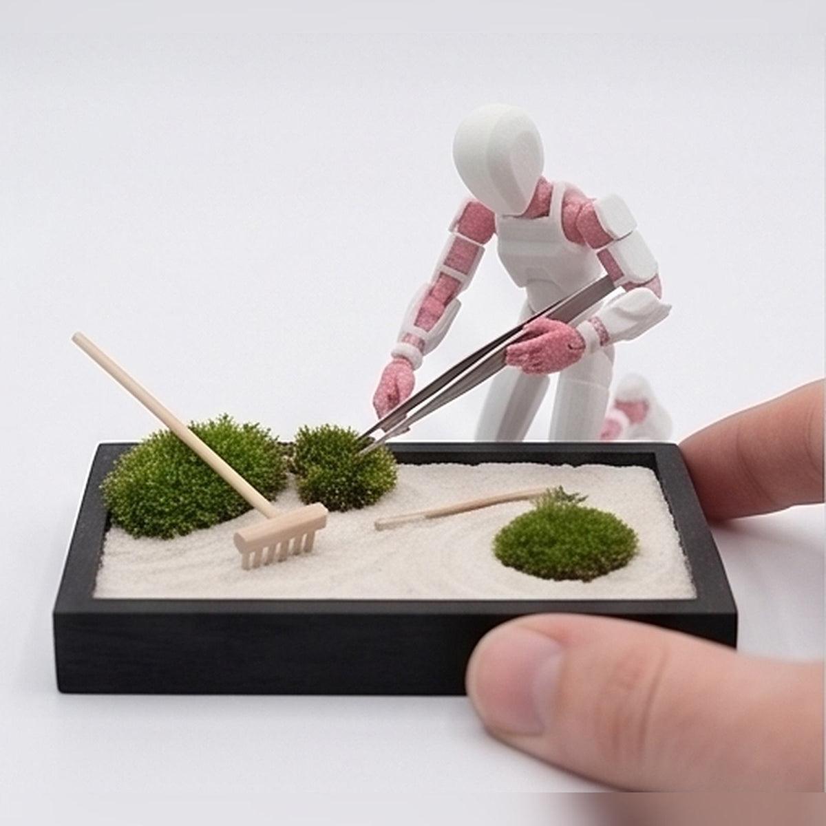 Flexible figurine raking a miniature zen sand garden
