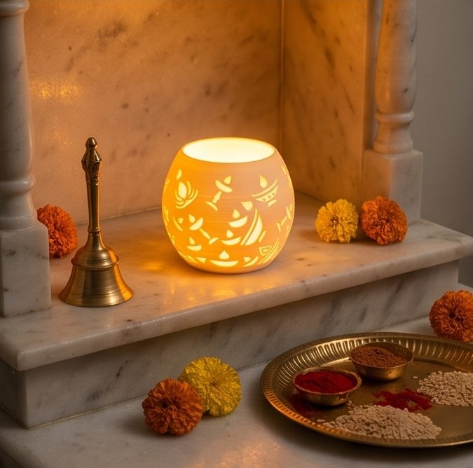 Glowing Diwali Lamp — Round — in a home mandir