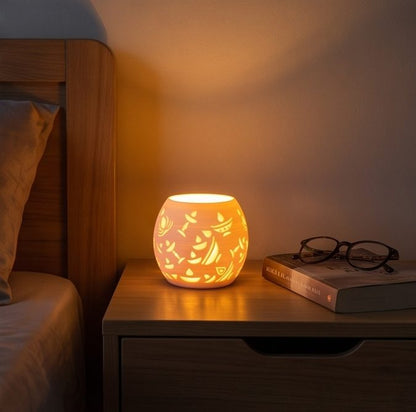 Glowing Diwali Lamp — Round — on a bedside table