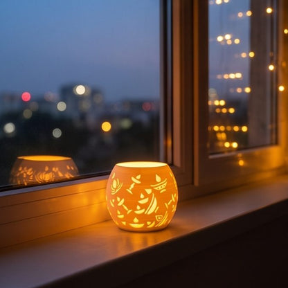 Glowing Diwali Lamp — Round — on a window sill at dusk