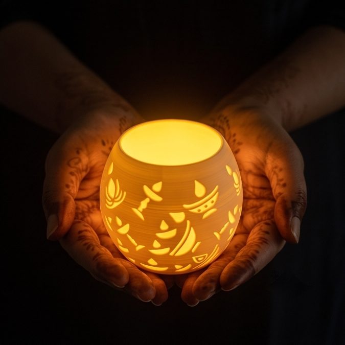 Glowing Diwali Lamp — Round — glowing in cupped hands