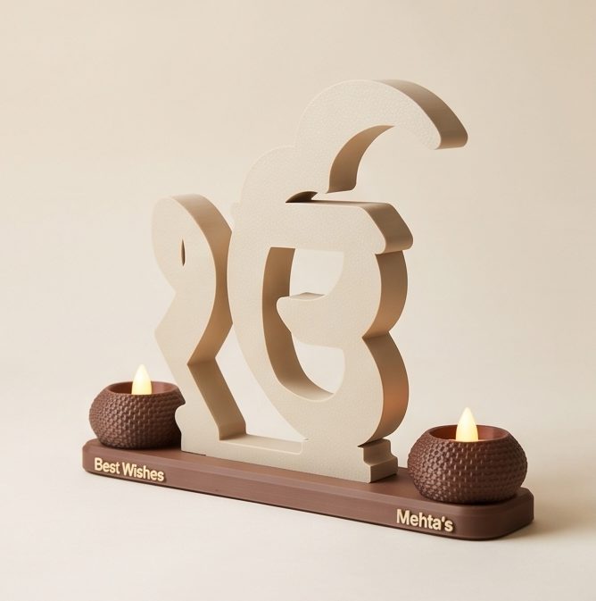 Ik Onkar Stand with Twin Diyas — with a name and message on the base
