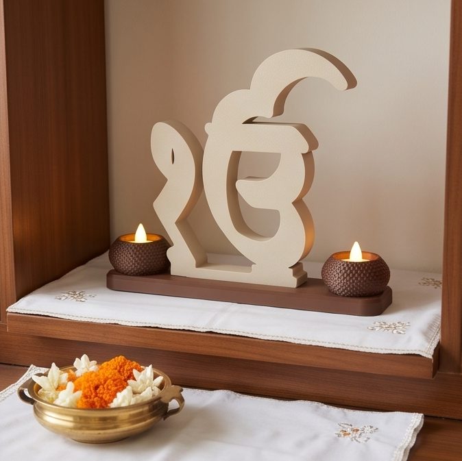 Ik Onkar Stand with Twin Diyas — in a home mandir