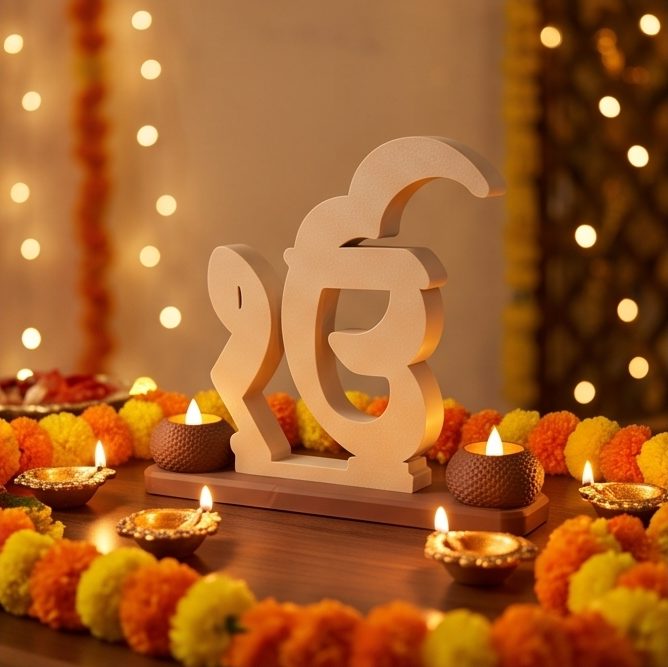 Ik Onkar Stand with Twin Diyas — with diyas and marigolds