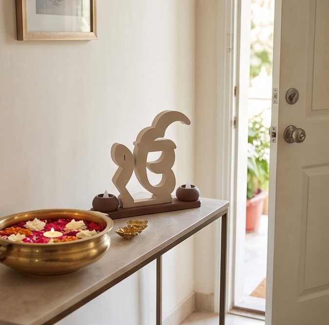 Ik Onkar Stand with Twin Diyas — on an entrance console
