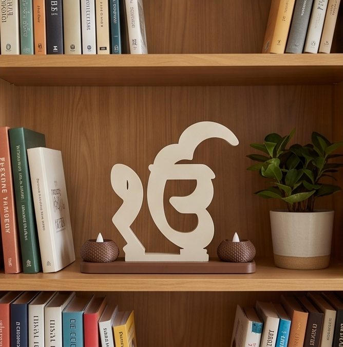Ik Onkar Stand with Twin Diyas — on a bookshelf