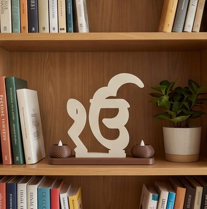 Ik Onkar Stand with Twin Diyas — on a bookshelf