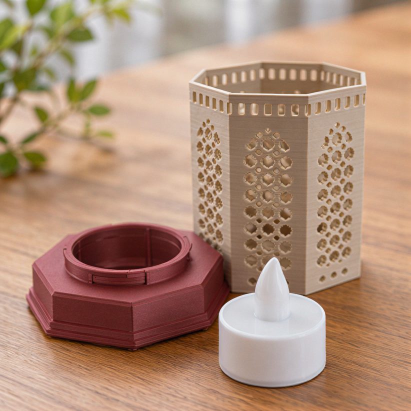 Kumiko Lantern — Jharokha — lattice, base and LED tealight
