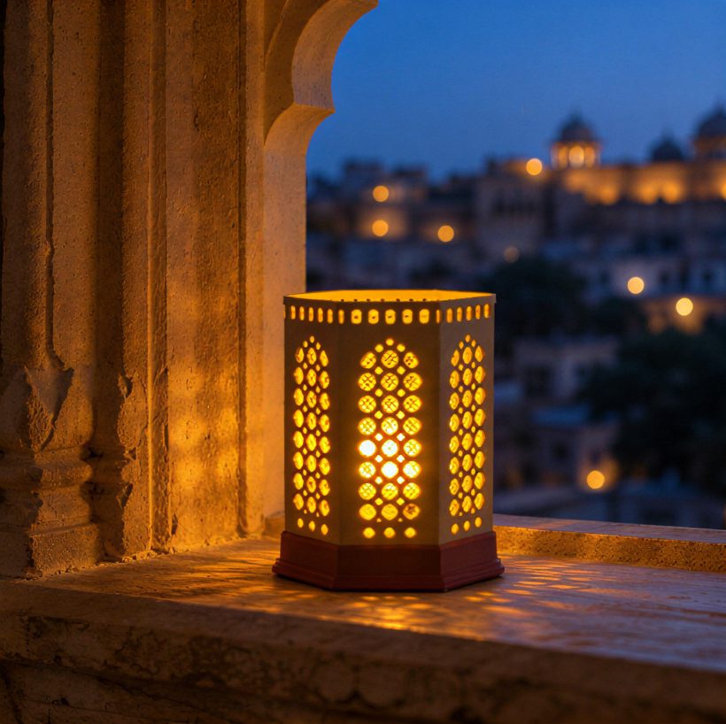 Kumiko Lantern — Jharokha — on a haveli window ledge