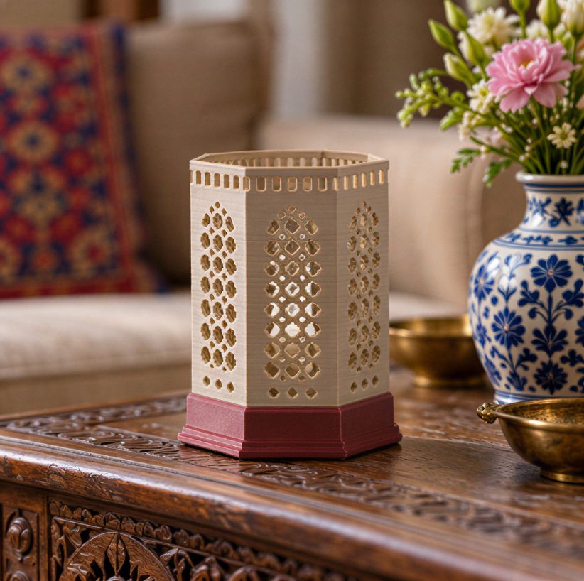 Kumiko Lantern — Jharokha — on a carved side table