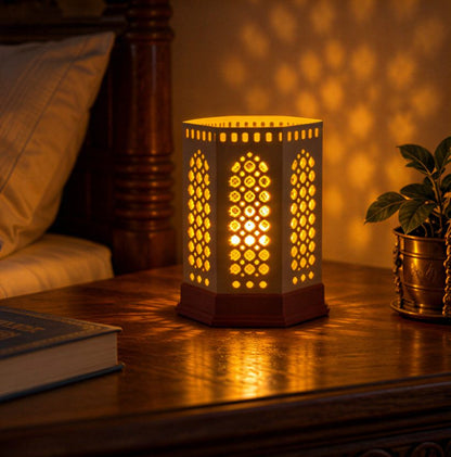 Kumiko Lantern — Jharokha — on a bedside table