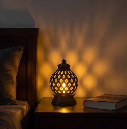 Kumiko Lantern — Kandil — on a bedside table