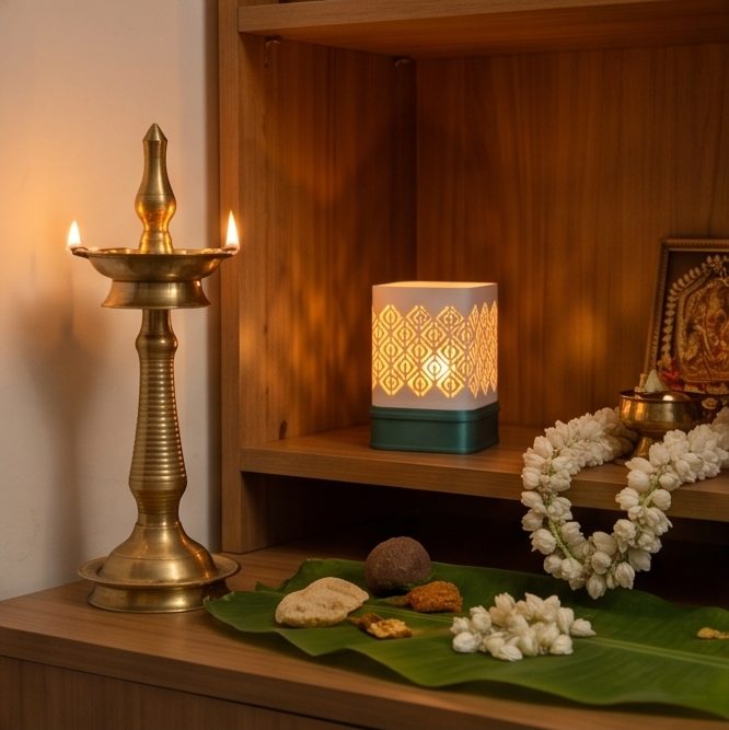 Kumiko Lantern — Kolam — in a home mandir