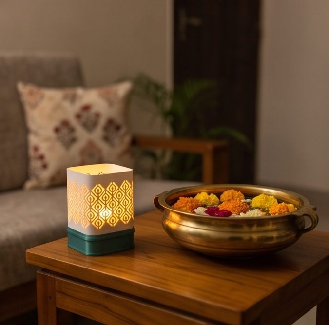 Kumiko Lantern — Kolam — on a living-room table