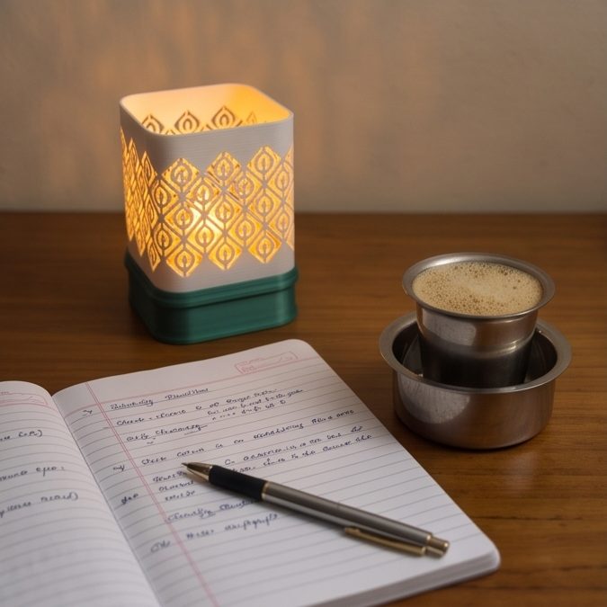 Kumiko Lantern — Kolam — on a study desk