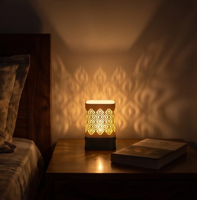 Kumiko Lantern — Kolam — on a bedside table