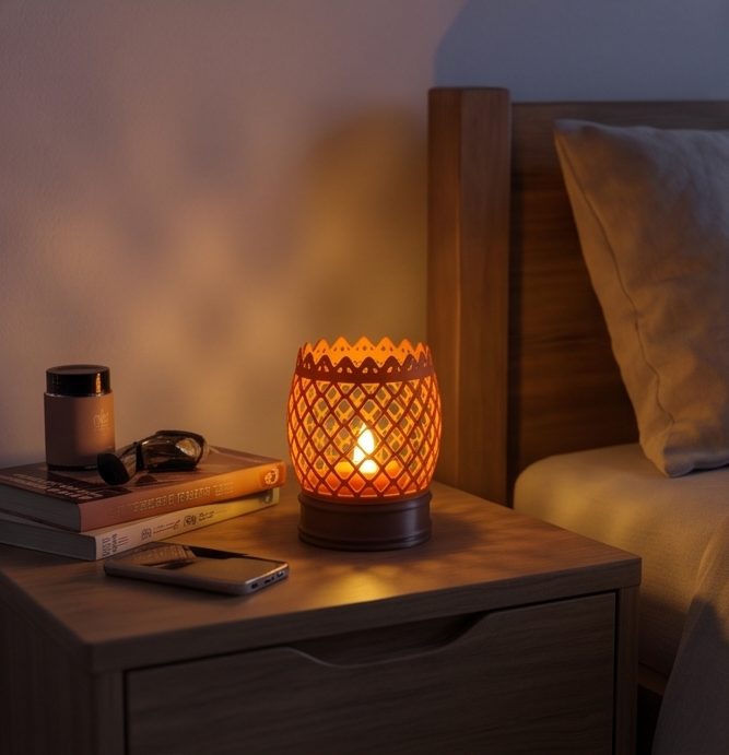 Kumiko Lantern — Lehariya — on a bedside table