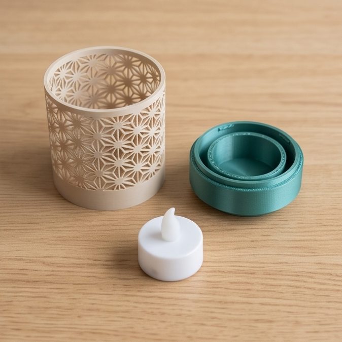 Kumiko Tealight Lamp — lattice, base and LED tealight