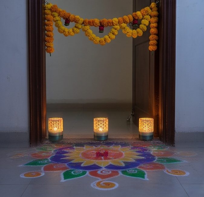 Kumiko Tealight Lamp — lighting a doorway rangoli