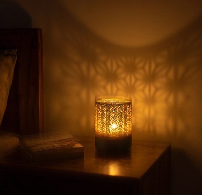 Kumiko Tealight Lamp — on a bedside table