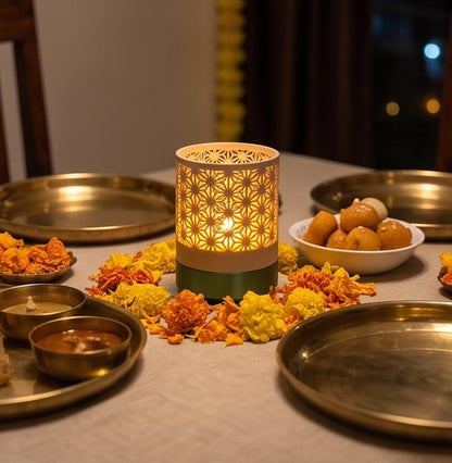 Kumiko Tealight Lamp — on a festive dining table