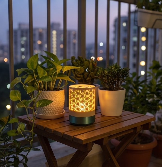 Kumiko Tealight Lamp — on a balcony