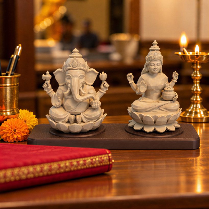 Lakshmi Ganesh on Base — on an office desk with diyas