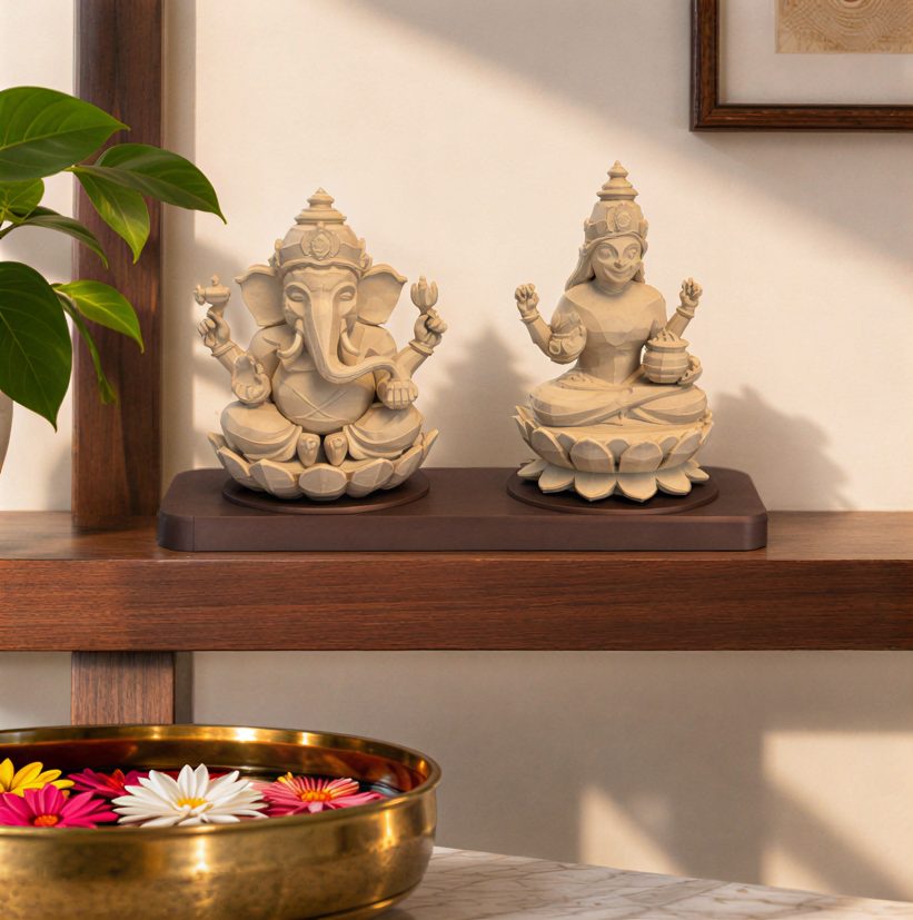Lakshmi Ganesh on Base — on a wall shelf