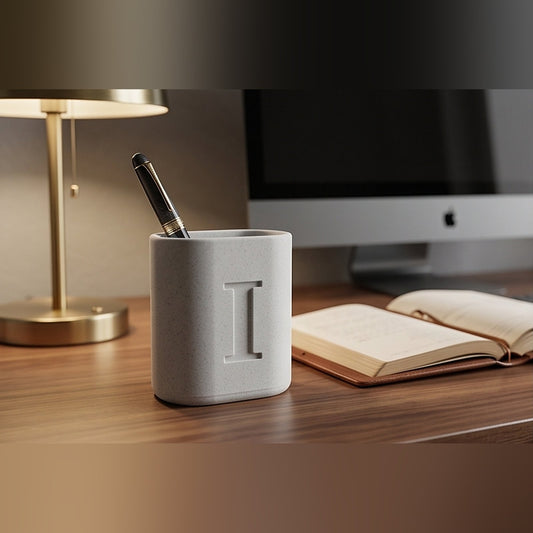 Marble monogram pen stand on a walnut desk beside a brass lamp, holding a fountain pen