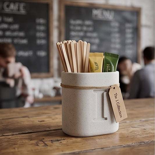 Marble monogram pen stand on a cafe table holding wooden stirrers and sugar sachets