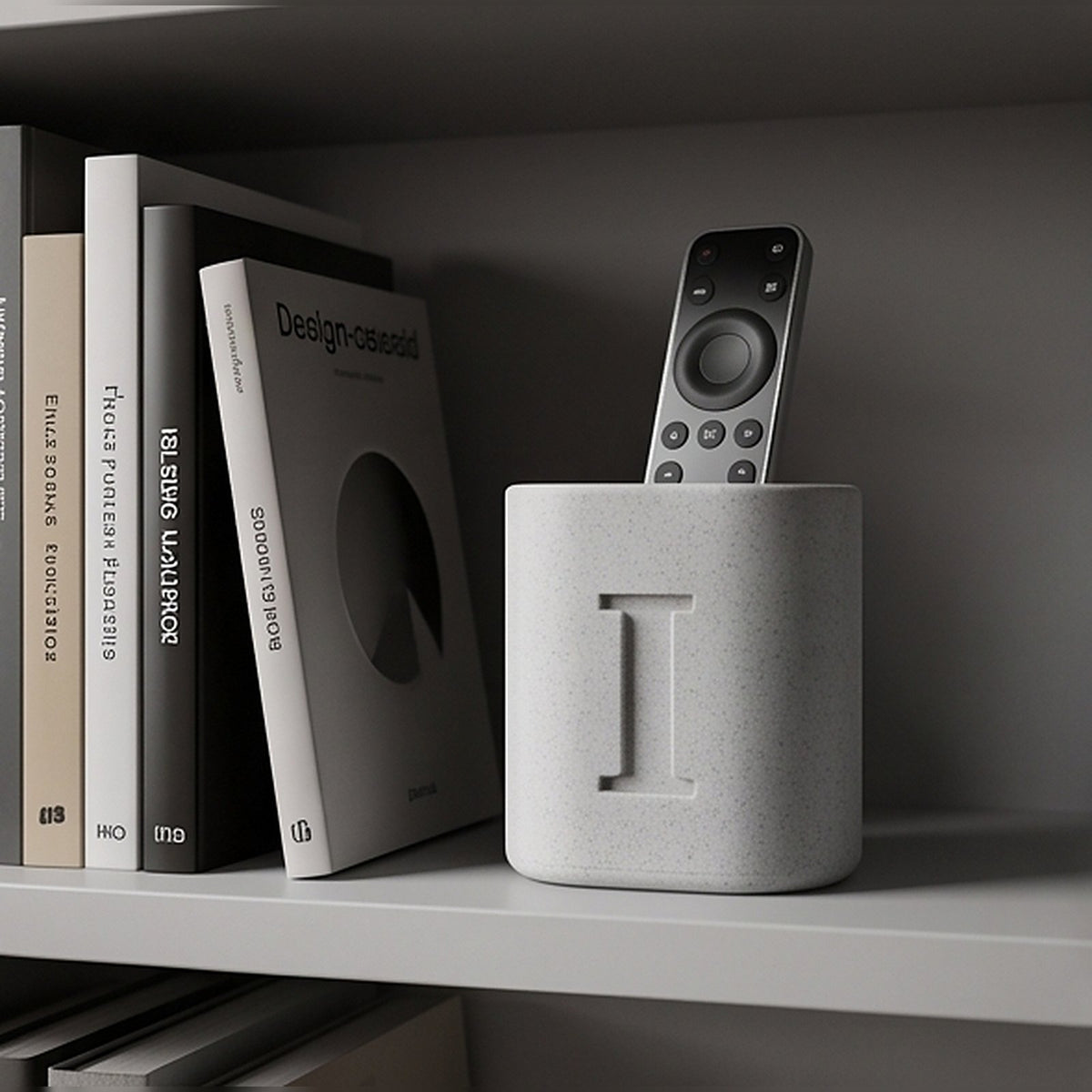Marble monogram pen stand on a shelf beside design books, holding a remote control