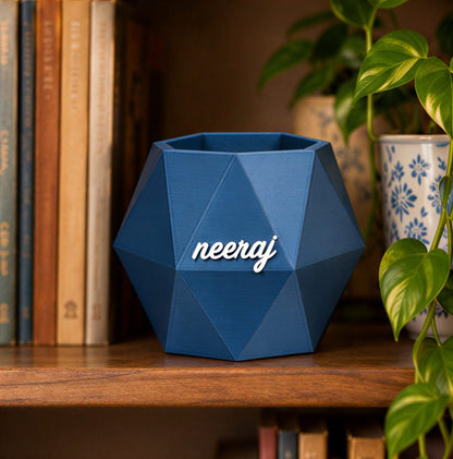 Octagon Name Box — on a bookshelf
