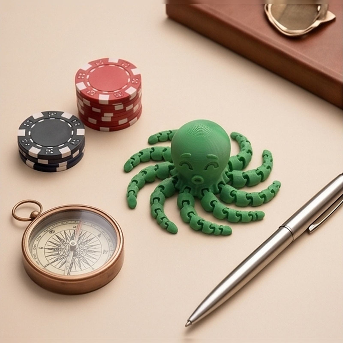 Green articulated octopus on a desk beside a compass and a pen