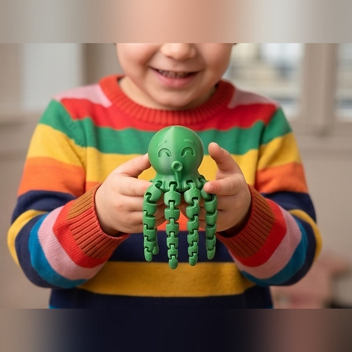 A child holding the green articulated octopus in both hands