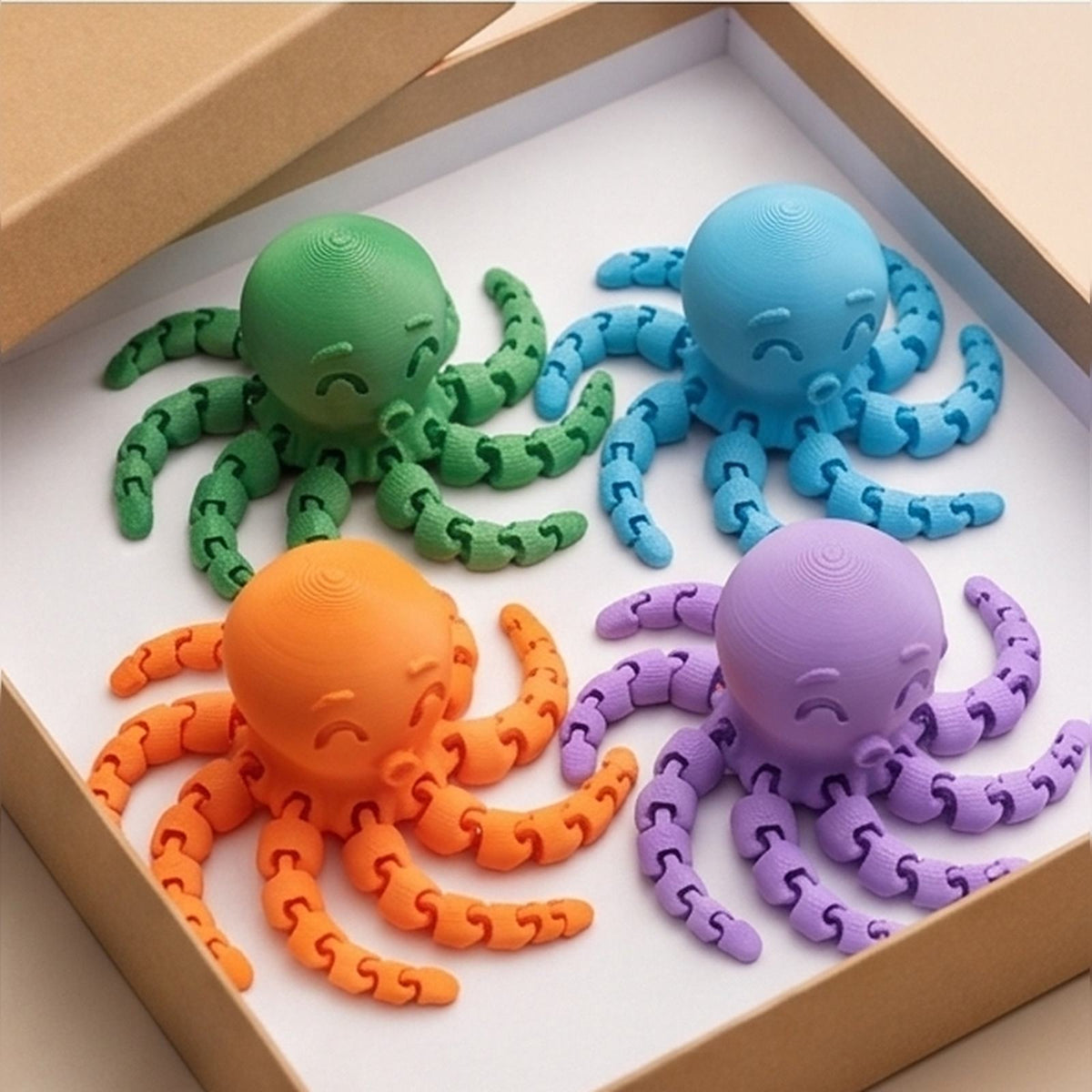 Four articulated octopuses in a gift box, showing the colour range