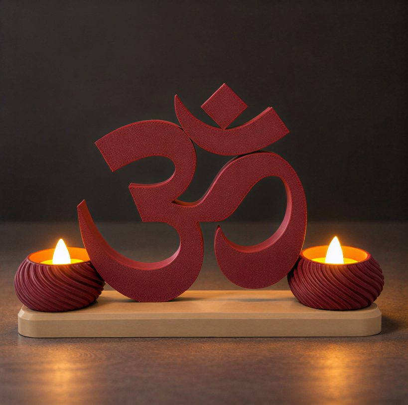 Small OM Stand with Twin Diyas — with the diyas lit