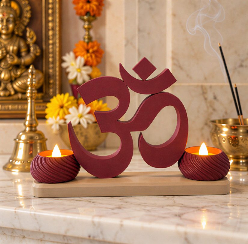 Small OM Stand with Twin Diyas — in a home mandir