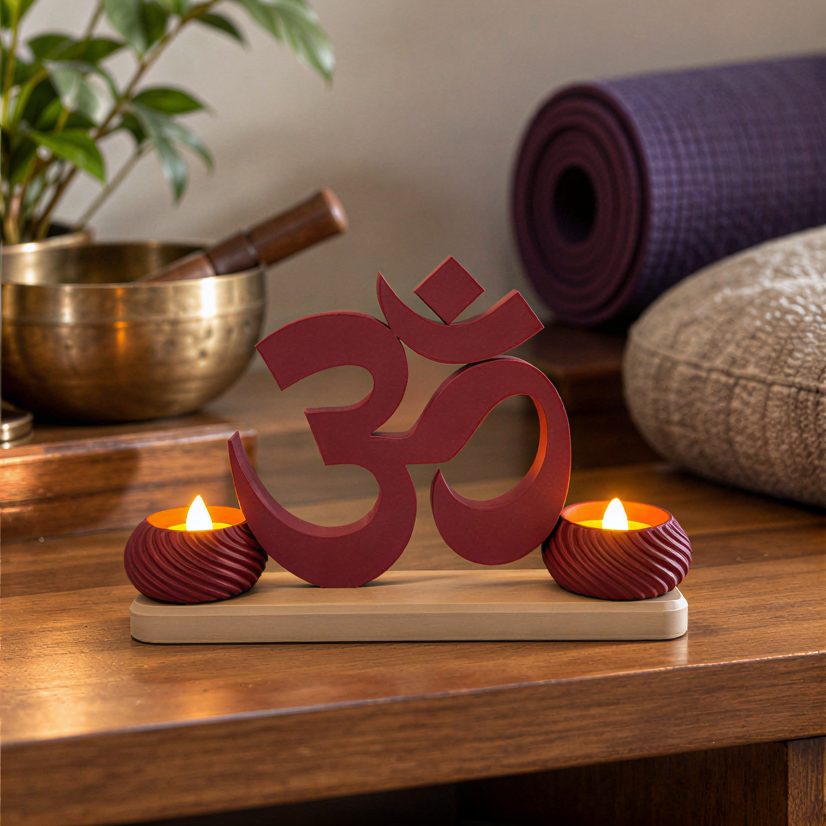 Small OM Stand with Twin Diyas — in a yoga corner