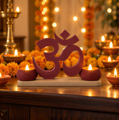Small OM Stand with Twin Diyas — with diyas and marigolds