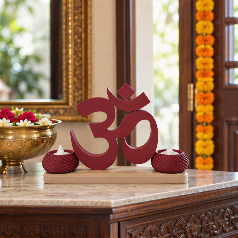Small OM Stand with Twin Diyas — on an entrance console